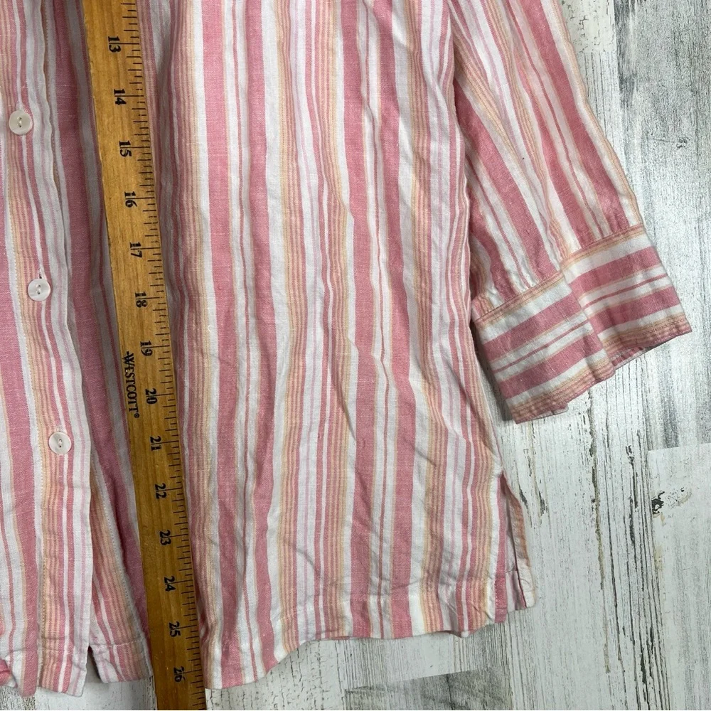 Saint Tropez West 100% Linen Shirt‎ Women's M Pink White Striped Coastal Grandma